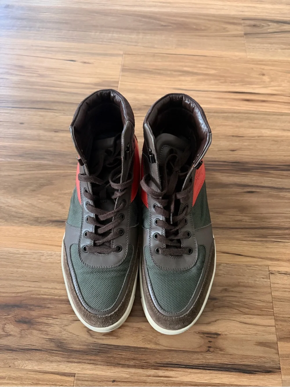 Salvatore Ferragamo Men's High-Top Sneakers in Green, Brown and Red Accent
